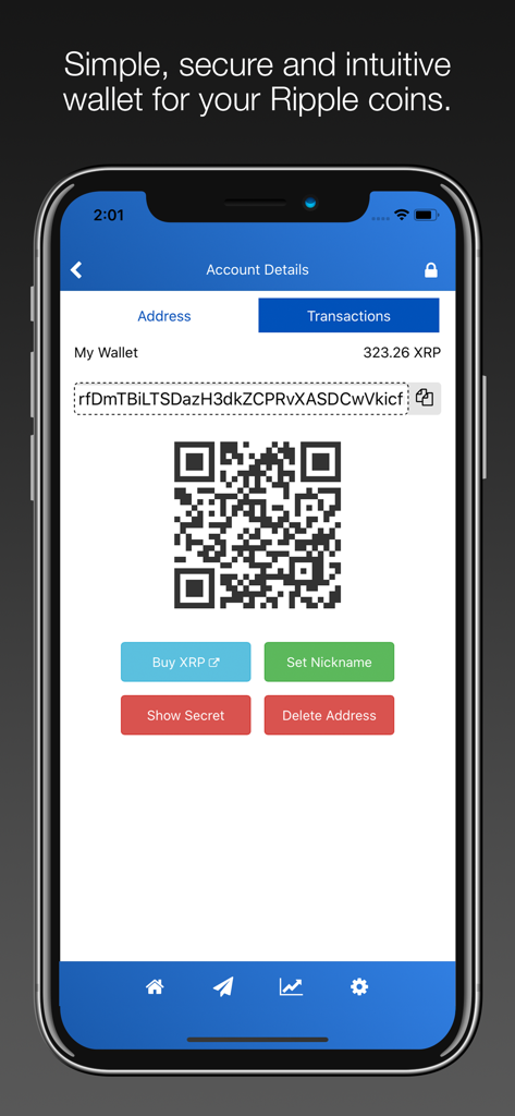XRP Wallet app showing account address and QR code for receiving payments.