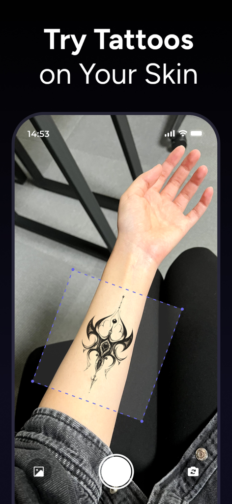 AR virtual tattoo try on feature showing a black ink design on a forearm