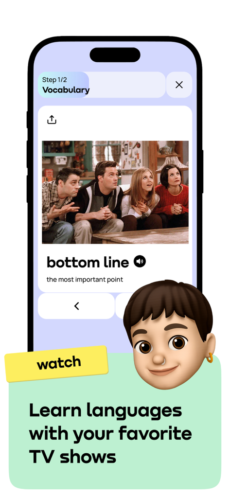 Promova: Language Learning App - Promova 앱 인터페이스, 인기 TV 쇼 장면이 포함된 어휘 수업 표시