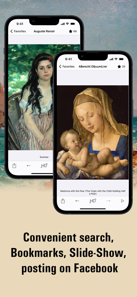 European painting HD - Mobile app displaying classical paintings by Renoir and Durer with features like search and bookmarks.