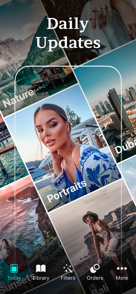 Interface de l'application FLTR montrant une variété de presets Lightroom esthétiques quotidiens pour portraits, nature et voyages