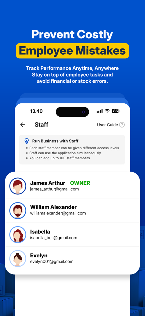 Kelola: Inventory & Sales - Staff management interface in the Kelola app showing a list of employees to track performance and prevent stock errors