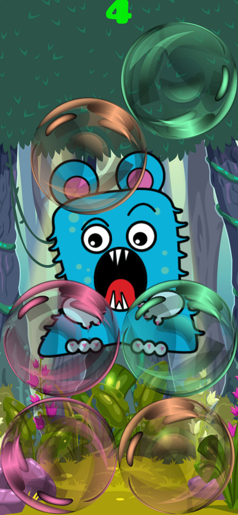 Toddler Monster Pop - Un monstruo tonto azul con burbujas flotantes en una jungla.