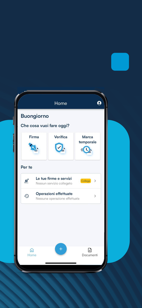 GoSign app dashboard on a smartphone displaying options for signing verifying and time stamping documents