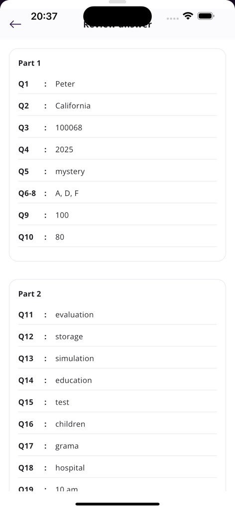 Mini IELTS - A mobile interface for the Mini IELTS app showing a list of reviewed answers for Part 1 and Part 2 of a practice test.