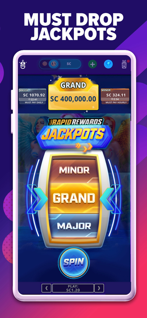 L'app mobile High 5 Casino mostra la ruota del jackpot Rapid Rewards con un primo premio di 400.000 Sweep Coins