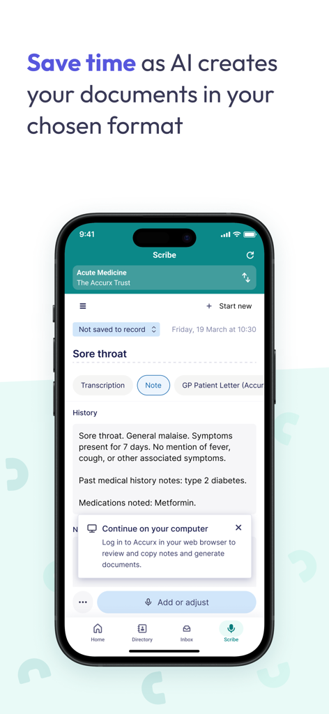 Accurx - Accurx mobile app interface showing the AI Scribe feature generating structured medical notes for a patient case