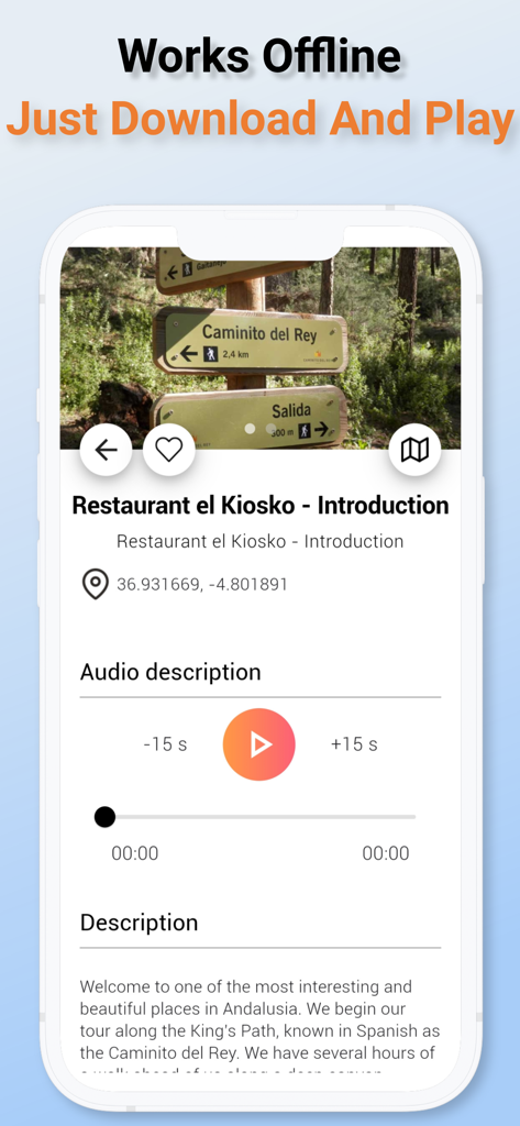 Caminito del Rey - Interface do aplicativo Caminito del Rey mostrando um reprodutor de guia de áudio que funciona offline.