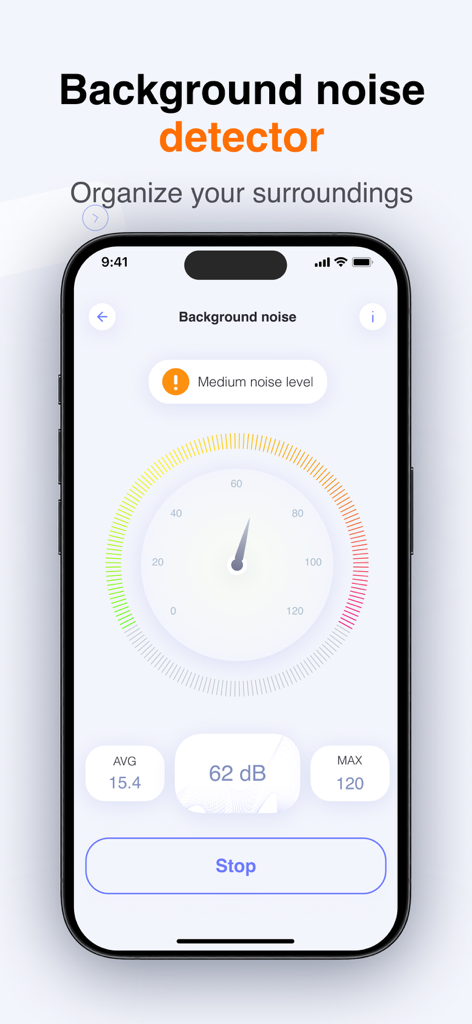 A mobile app screen showing a decibel meter for background noise detection indicating a medium noise level of 62 dB