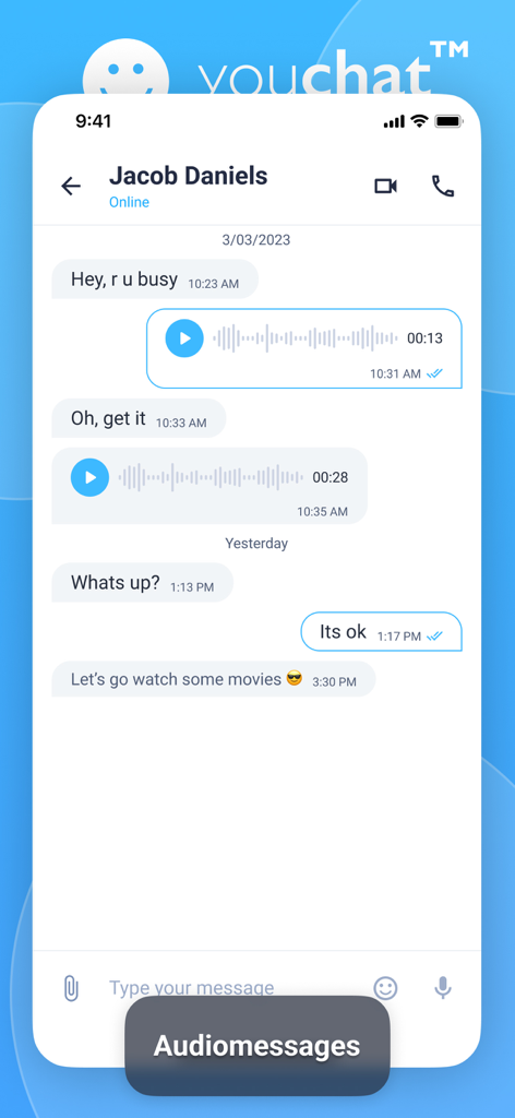 YouChat2.0 - Schermata di chat dell'app YouChat 2.0 che mostra messaggi vocali testuali e audio in una conversazione con un contatto.