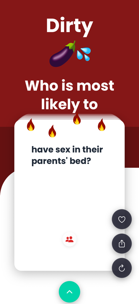Most Likely To: Dirty Adult - Una captura de pantalla de la categoría Dirty del juego Most Likely To mostrando una tarjeta de pregunta para adultos sobre un fondo rojo