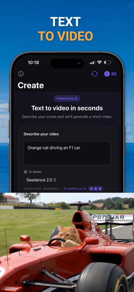 AI Video Generator: Create AI - Interfaz de la aplicación Generador de Video IA mostrando la creación de texto a video con un gato naranja conduciendo un coche de carreras.