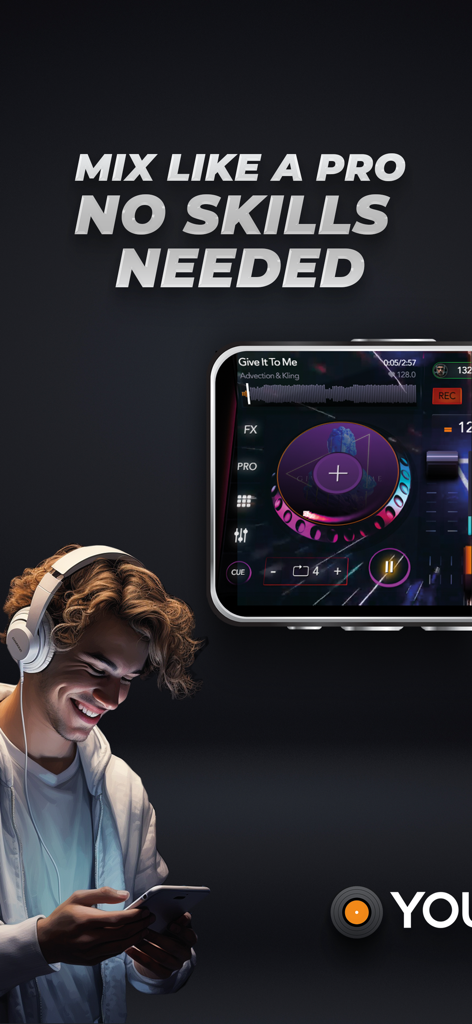Young man with headphones mixing music on the YouDJ app