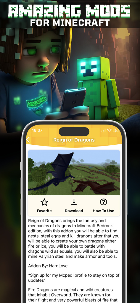Mega Addons for Minecraft Pe - メガアドオン Minecraft PEのモバイルインターフェース。Reign of Dragons MODの説明とダウンロードボタンが表示されている。