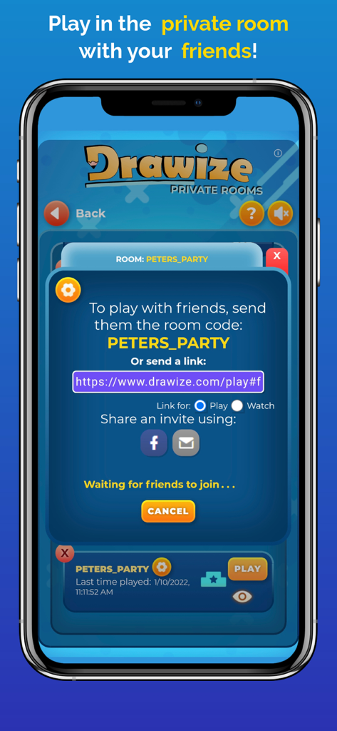 Private room invitation screen in the Drawize app showing a room code to play with friends.