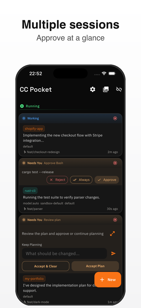 CC Pocket: Dev Agent Remote - CC Pocket app interface showing multiple active AI agent sessions and approval requests
