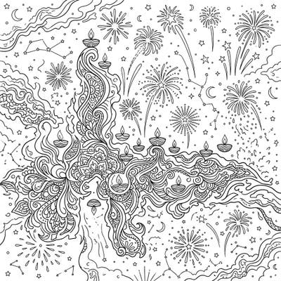 Explore the wonders of space and the joy of Diwali with this unique coloring page. Immerse yourself in a celestial scene where the majestic Flame Nebula meets intricate rangoli patterns, glowing diyas, and celebratory fireworks.