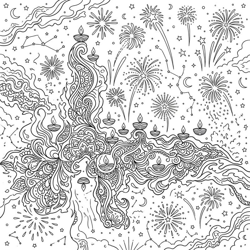 Explore the wonders of space and the joy of Diwali with this unique coloring page. Immerse yourself in a celestial scene where the majestic Flame Nebula meets intricate rangoli patterns, glowing diyas, and celebratory fireworks.