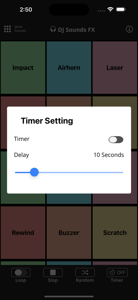 DJ Sound FX mobile app timer setting interface for sound delays