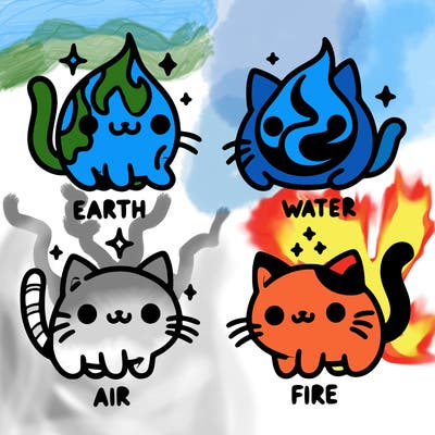 4 cats that represent the different elements, earth, water, air, and fire