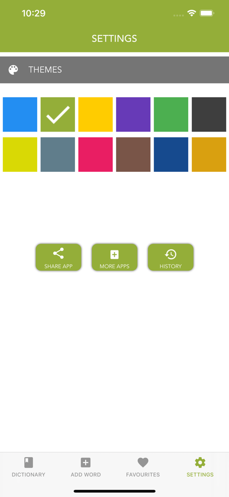 App settings screen showing colorful theme selection squares and navigation buttons for share more apps and history