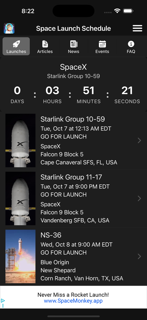 Space Launch Schedule - SpaceXロケットの打ち上げカウントダウンと今後のミッションリストを表示するSpace Launch Scheduleアプリのインターフェース。