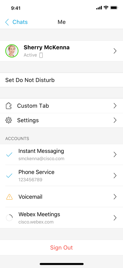 Cisco Jabber - Cisco Jabber app user profile and account connection status screen