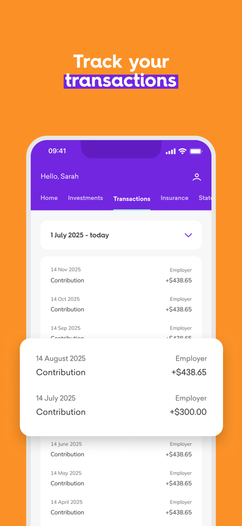 HESTA - Transaction history screen in the HESTA app showing a list of employer contributions.