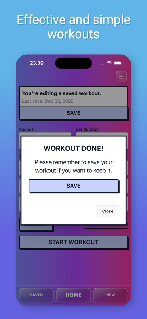 Rounds app - Oberfläche der Rounds-App, die eine Benachrichtigung über abgeschlossenes Workout mit einer Aufforderung zum Speichern der Sitzung zeigt