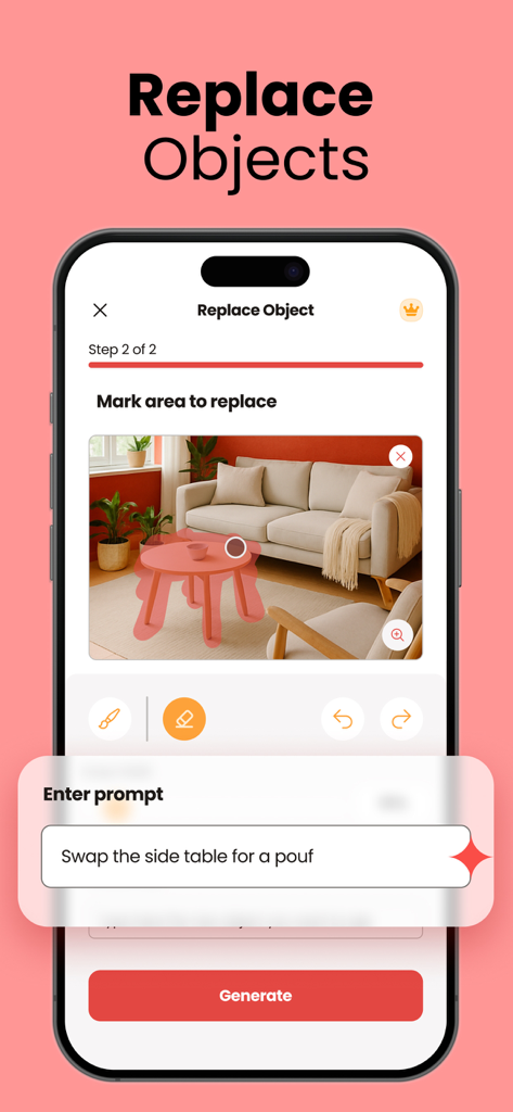 Interfaz de aplicación móvil que muestra la herramienta de reemplazo de muebles IA con una indicación de texto para cambiar una mesita auxiliar por un puf