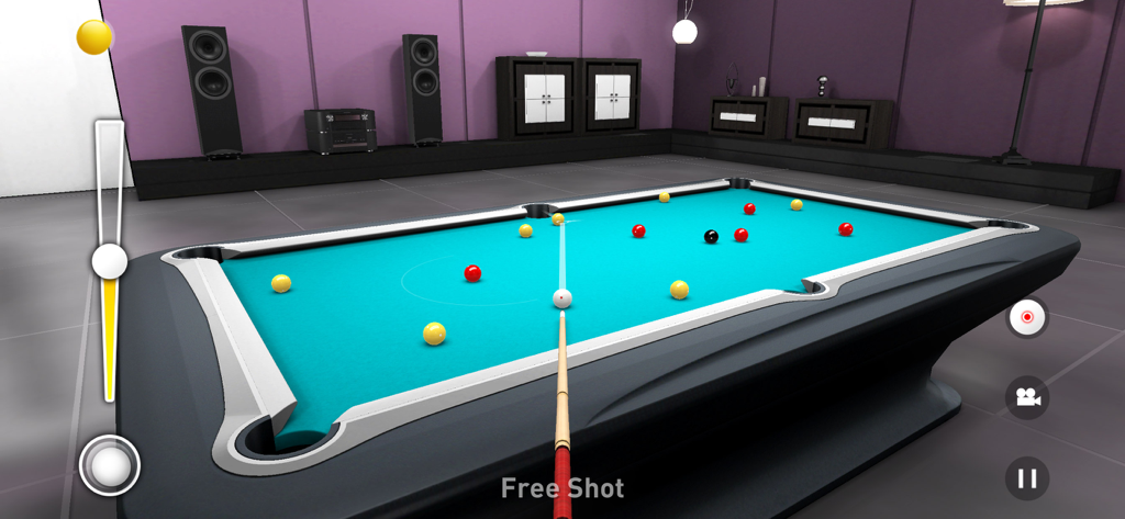Pool Billiards 3D - A realistic 3D pool game showing a cyan table with billiard balls and a cue stick