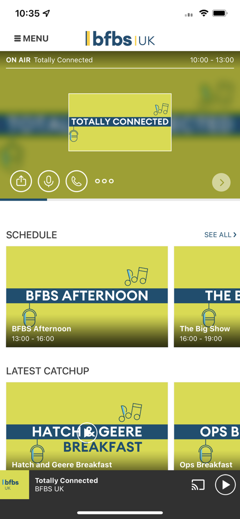 BFBS Radio app screen showing the live broadcast schedule and latest catchup episodes for British Forces personnel