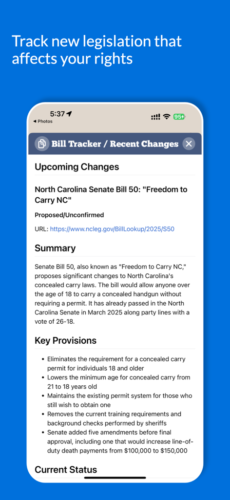 CCWCalc mobile app screen displaying a bill tracker for gun law changes and legislation updates