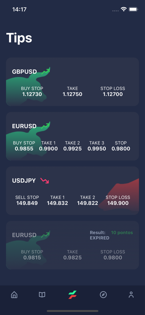 Interfaz de la aplicación Take Tips mostrando señales de trading de forex en vivo para pares de divisas como GBPUSD y EURUSD