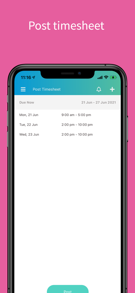 EmpLive mobile app interface showing the post timesheet screen with a list of worked hours and shifts