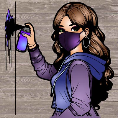 realistic girl with mask spray painting a wall