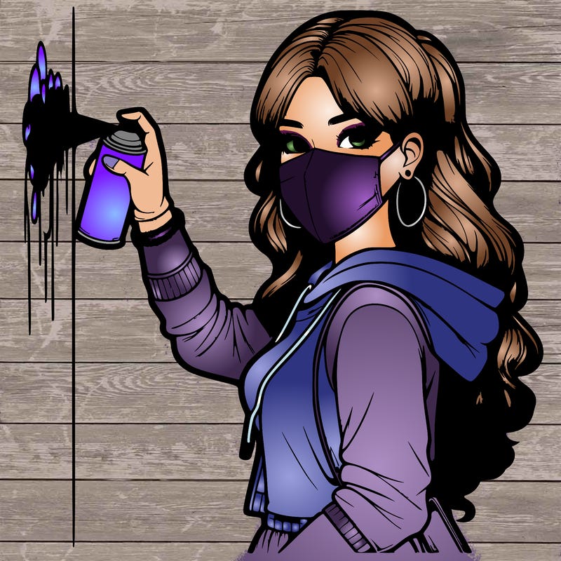 realistic girl with mask spray painting a wall