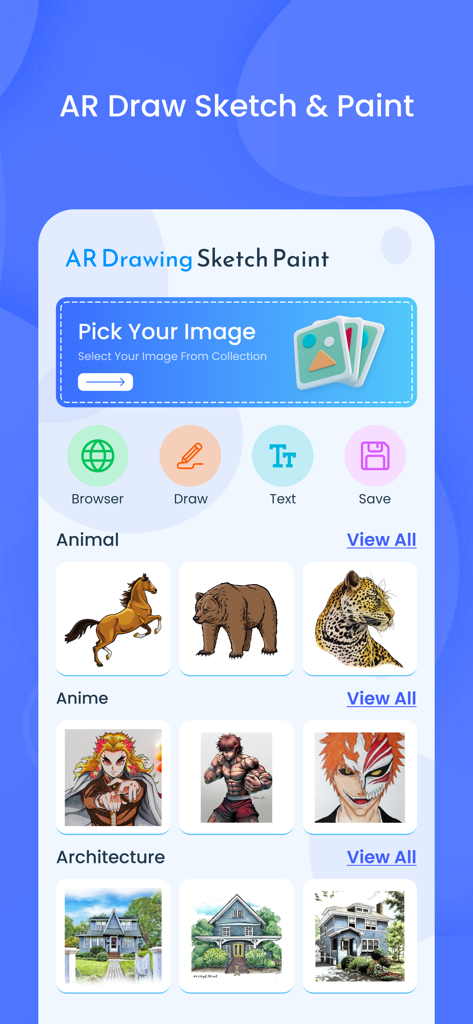 AR Draw Sketch and Paint app interface showing image selection categories like Animal, Anime, and Architecture