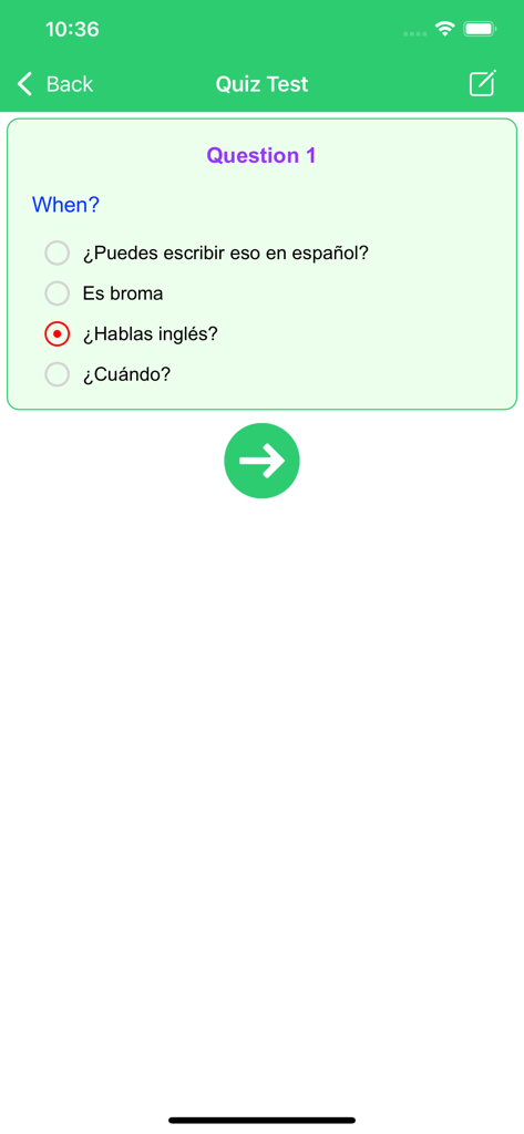 Learn Spanish Language Offline - A mobile app screen showing a Spanish language quiz with multiple choice questions.