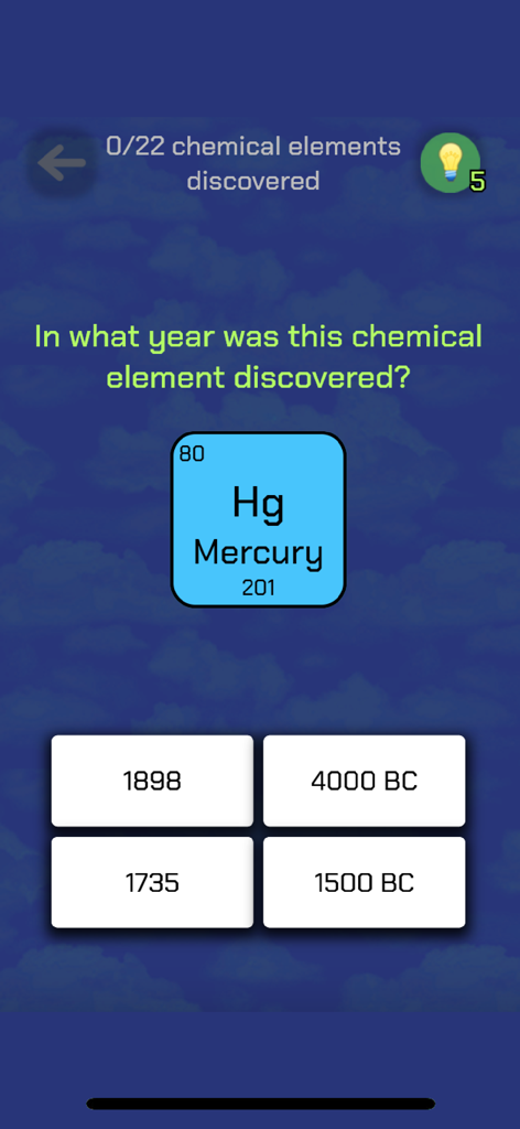 Una pregunta de opción múltiple en la aplicación Quiz de la Tabla Periódica preguntando por el año de descubrimiento del elemento Mercurio.