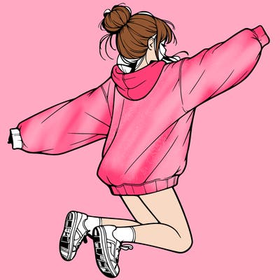 realistic girl jumping with a bun and oversized sweatshirt