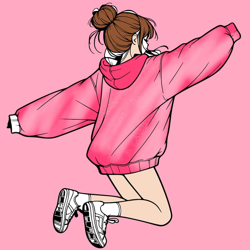 realistic girl jumping with a bun and oversized sweatshirt