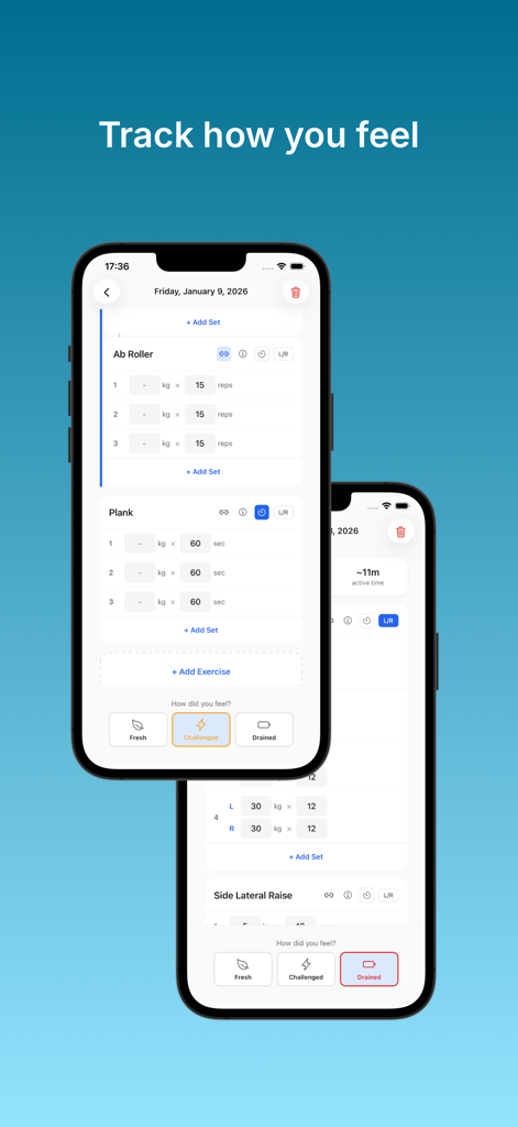 BaseLift: Gym Log & Diary - Interface of BaseLift gym log showing exercise tracking and post workout feeling ratings.