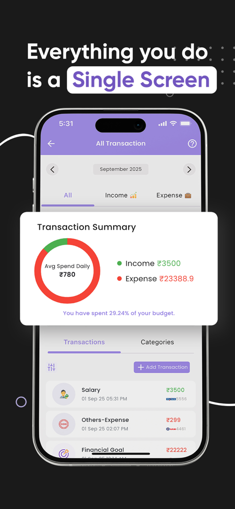 iPhone screen showing Fintastics expense tracker transaction summary with daily spending chart and detailed financial history.