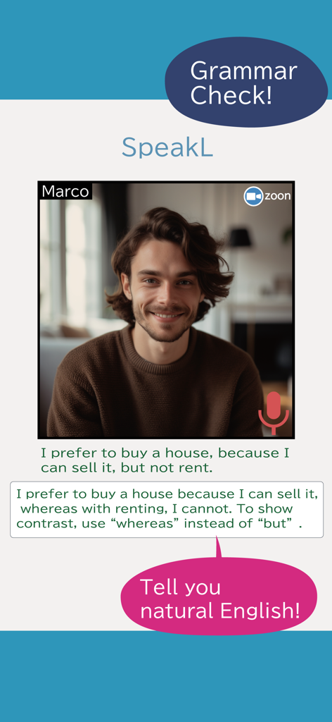 自然な英語表現の提案とともにAIの文法チェックが表示されるSpeakLアプリのインターフェース