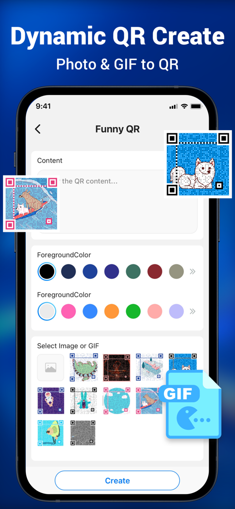 La interfaz de la aplicación Shark QR mostrando la función Crear QR Dinámico para convertir fotos y GIFs en códigos QR personalizados.
