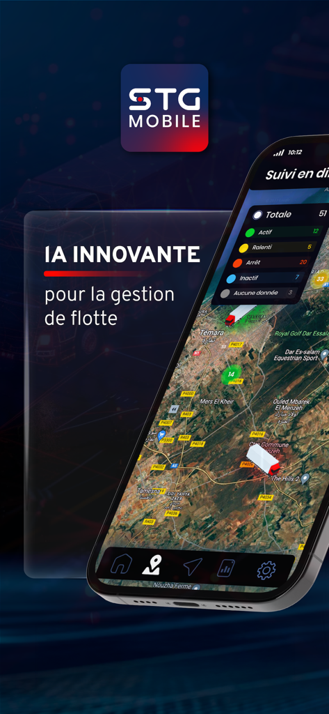 STG Fleet Mobile - Application STG Fleet Mobile affichant le suivi des véhicules en direct et le tableau de bord de gestion de l'IA