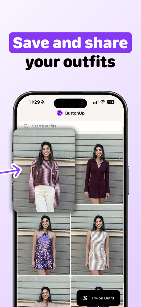 A gallery view in the ButtonUp app showing several hyper-realistic AI virtual try-ons of a woman in different outfits.