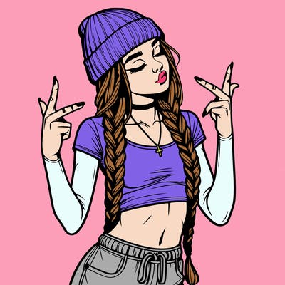 realistic teenage girl with braids and a beanie and crop top doing 🫶🏼