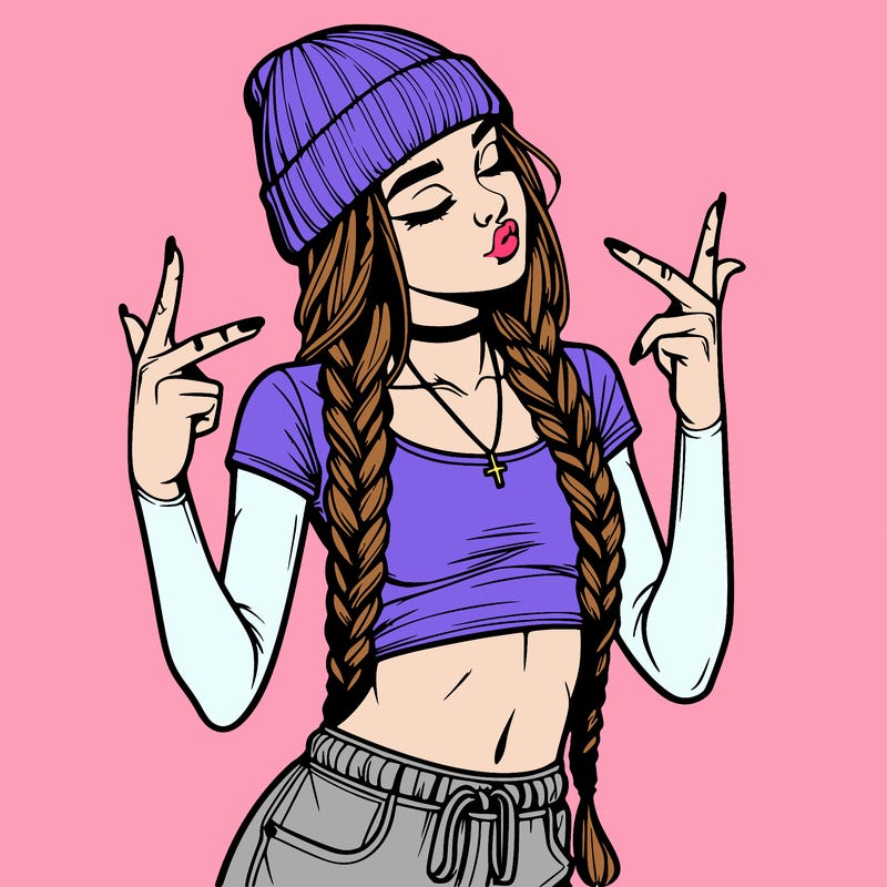 realistic teenage girl with braids and a beanie and crop top doing 🫶🏼